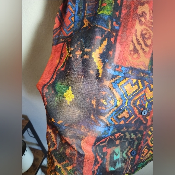Chicos Top Sheer Silk Geometric Patterned Boho Artsy Colorful - Picture 11 of 16